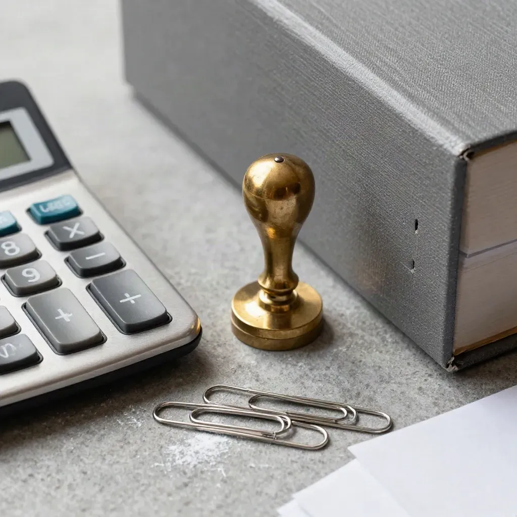 Calculadora metálica virada, carimbo de latão, clipes e caixa de arquivo cinza em macro.
