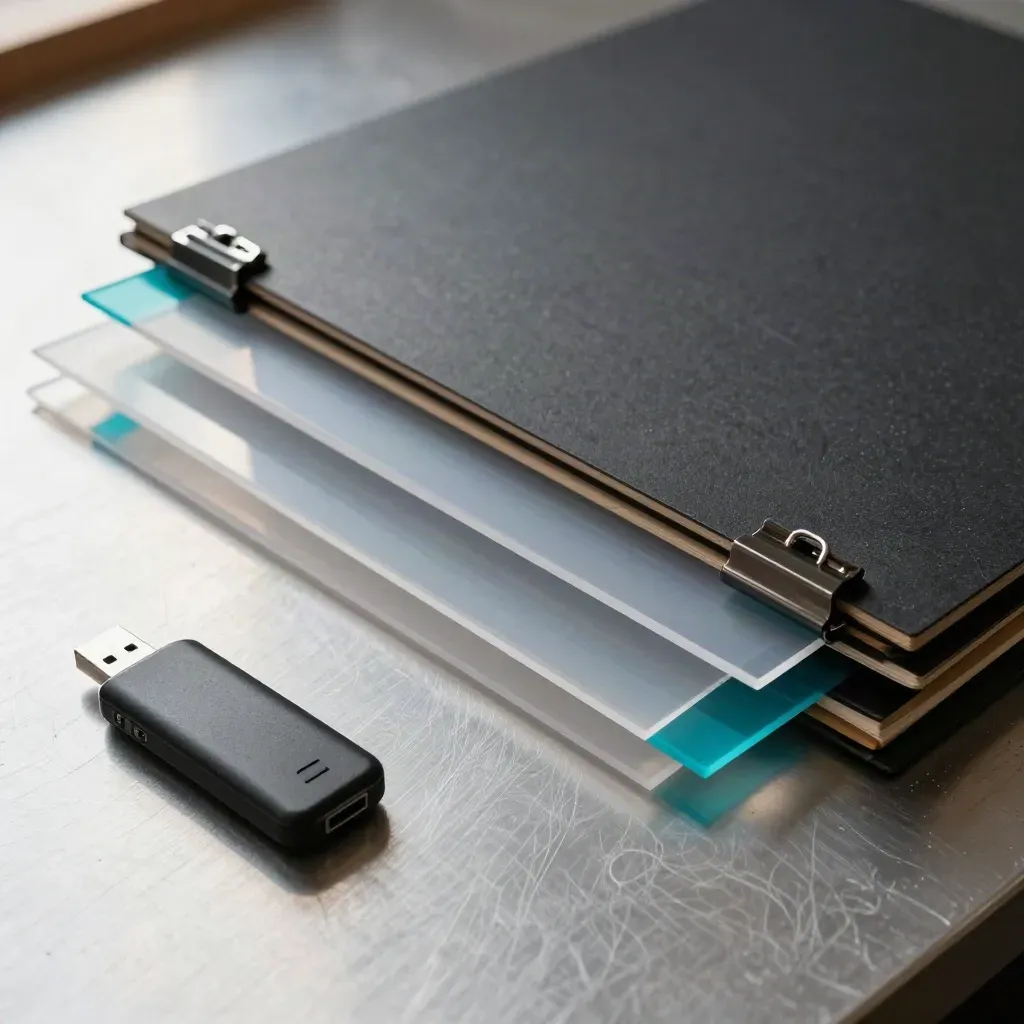 Natureza-morta de estúdio com acetato, art boards, trilhos de clipe e drive USB sobre bancada metálica.