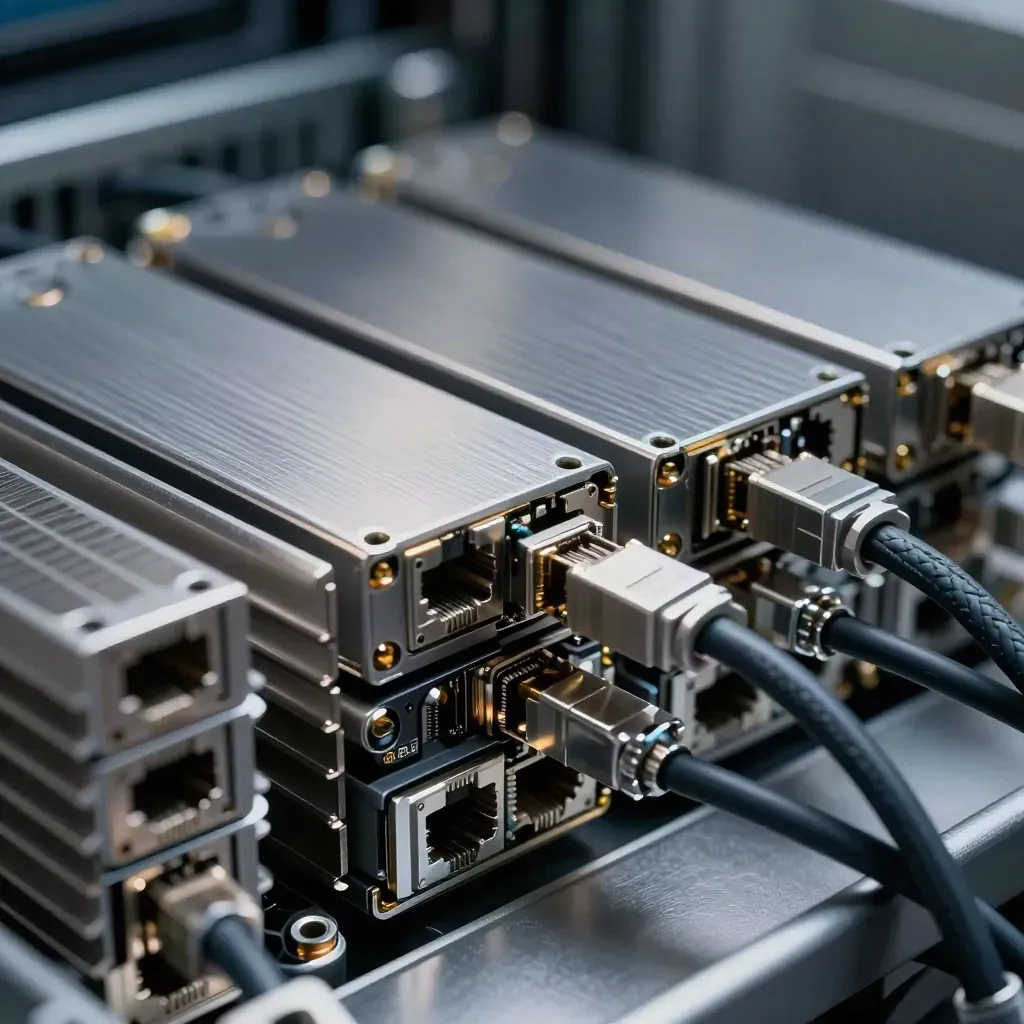 Sleds SSD, cabos e dissipadores em close macro sobre metal escovado.