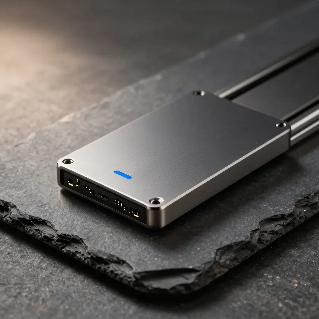 Cradle magnético e SSD externo em macro, sobre pedra cinza, com luz dramática e poeira fina.