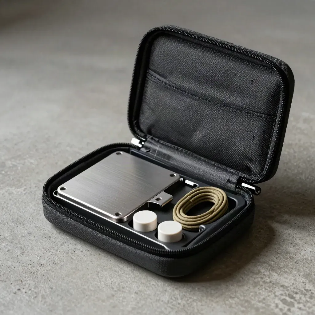 Case aberto com SSD compacto, três adaptadores e cabo sobre concreto cinza.