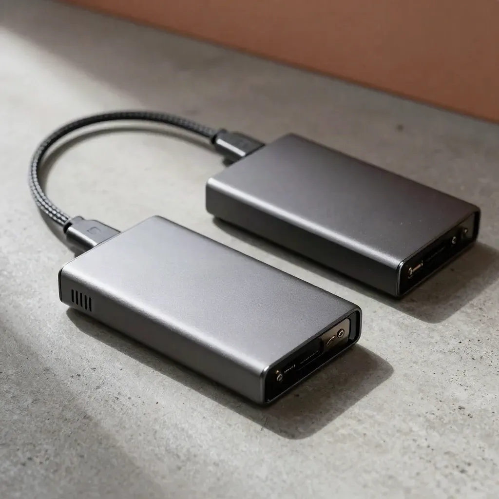 Dois SSDs portáteis ligados por um cabo e um terceiro ao lado, sobre concreto cinza.
