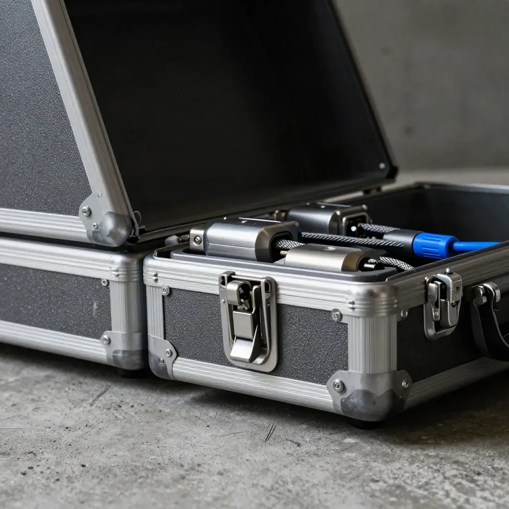 Case resistente aberto com drives de alumínio e cabos trançados sobre concreto