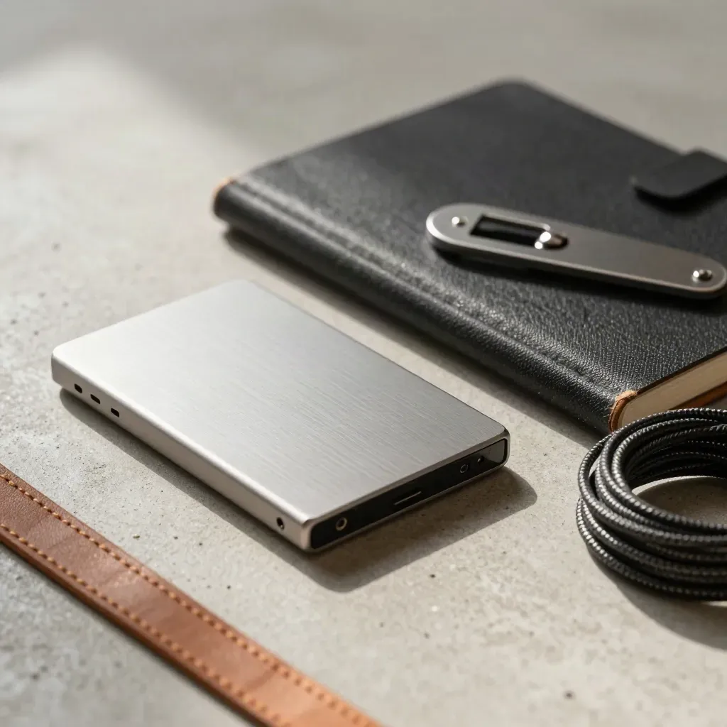 Kit de freelancer com SSD, caderno fechado, abridor e cabos sobre concreto, em close cinematográfico.