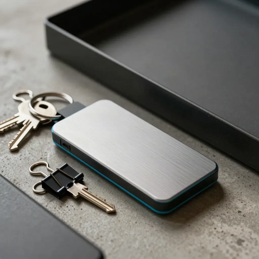 Kit de arquivos e drive externo sobre concreto, com chaves e clipes em close-up